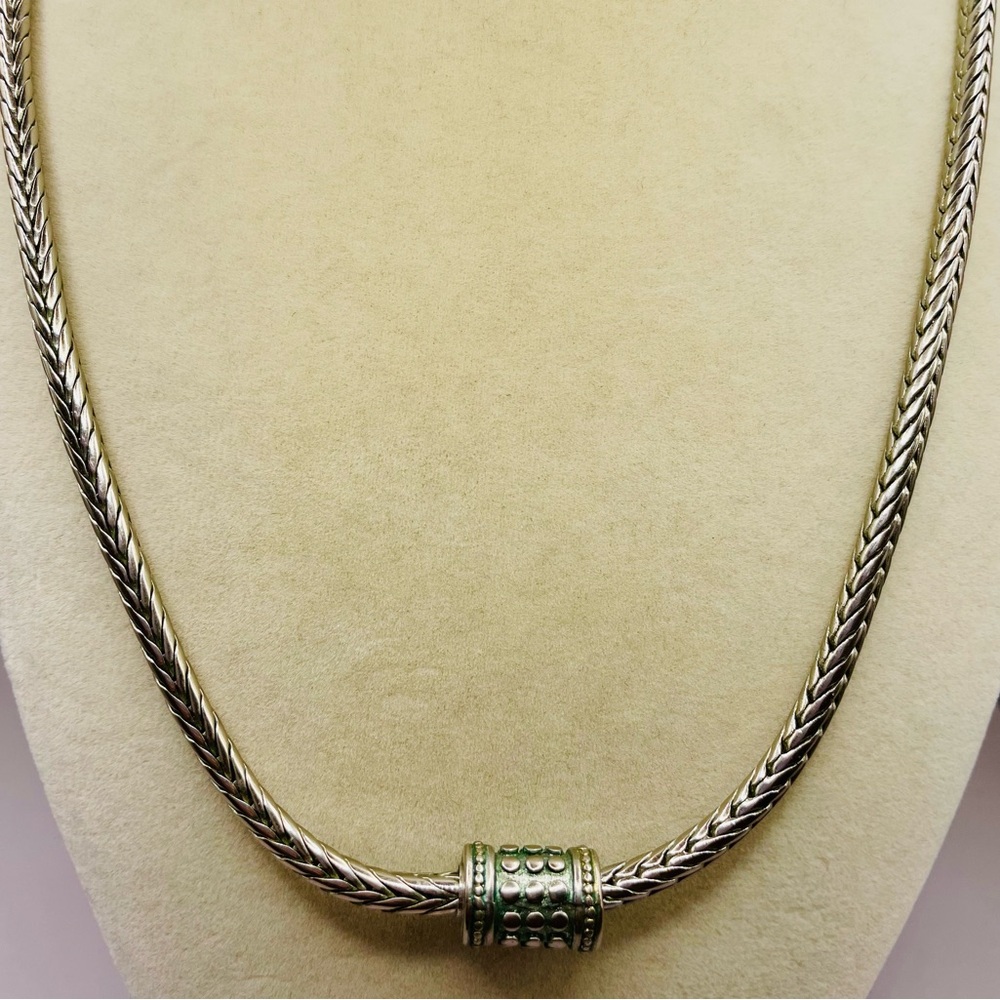 Elegant Silver Tone Snake Chain Necklace with Green Magnetic Closure Accents